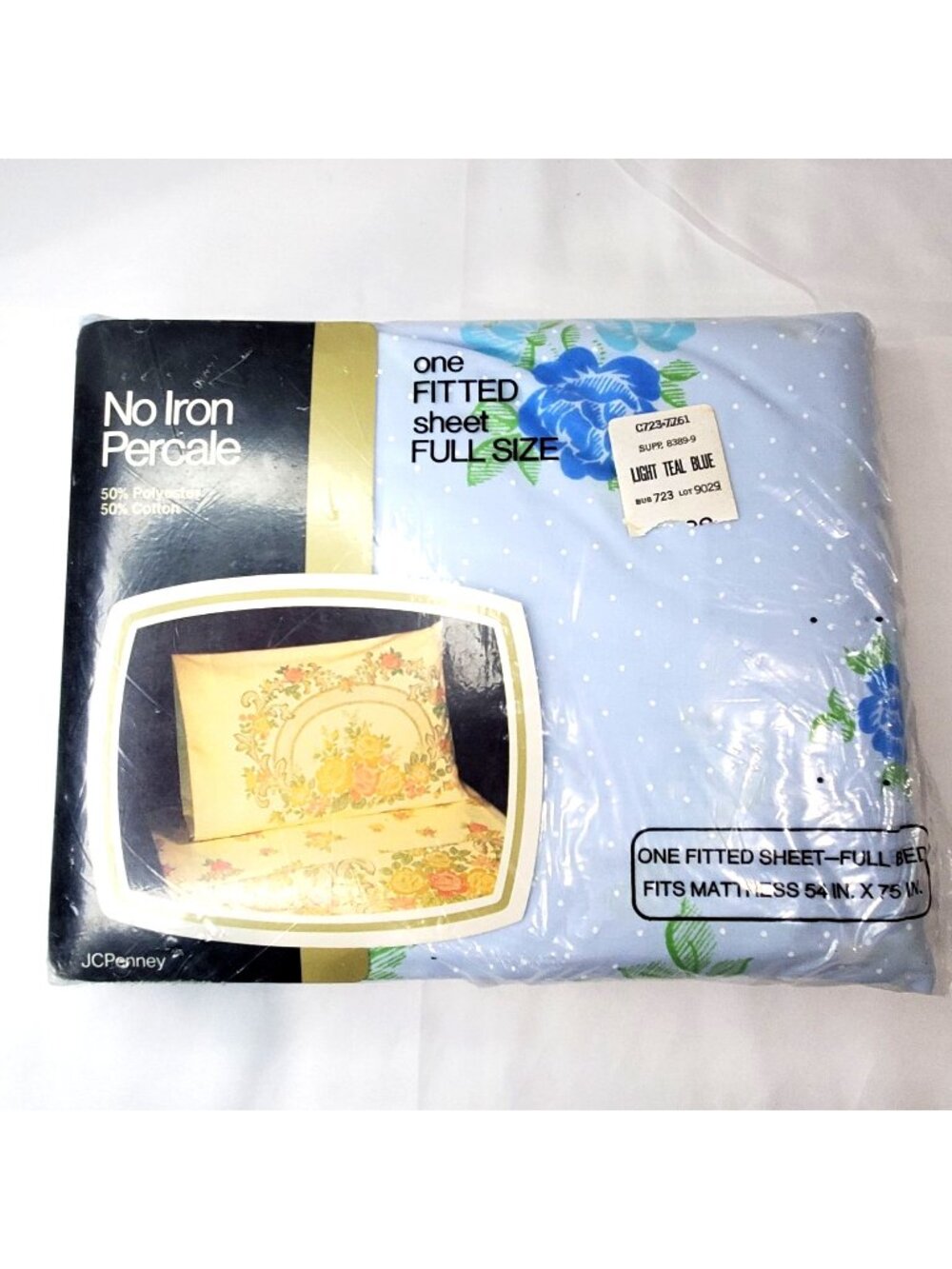 VTG JCPenney Percale Light Teal Blue Floral Full-Size Fitted Sheet No Iron USA